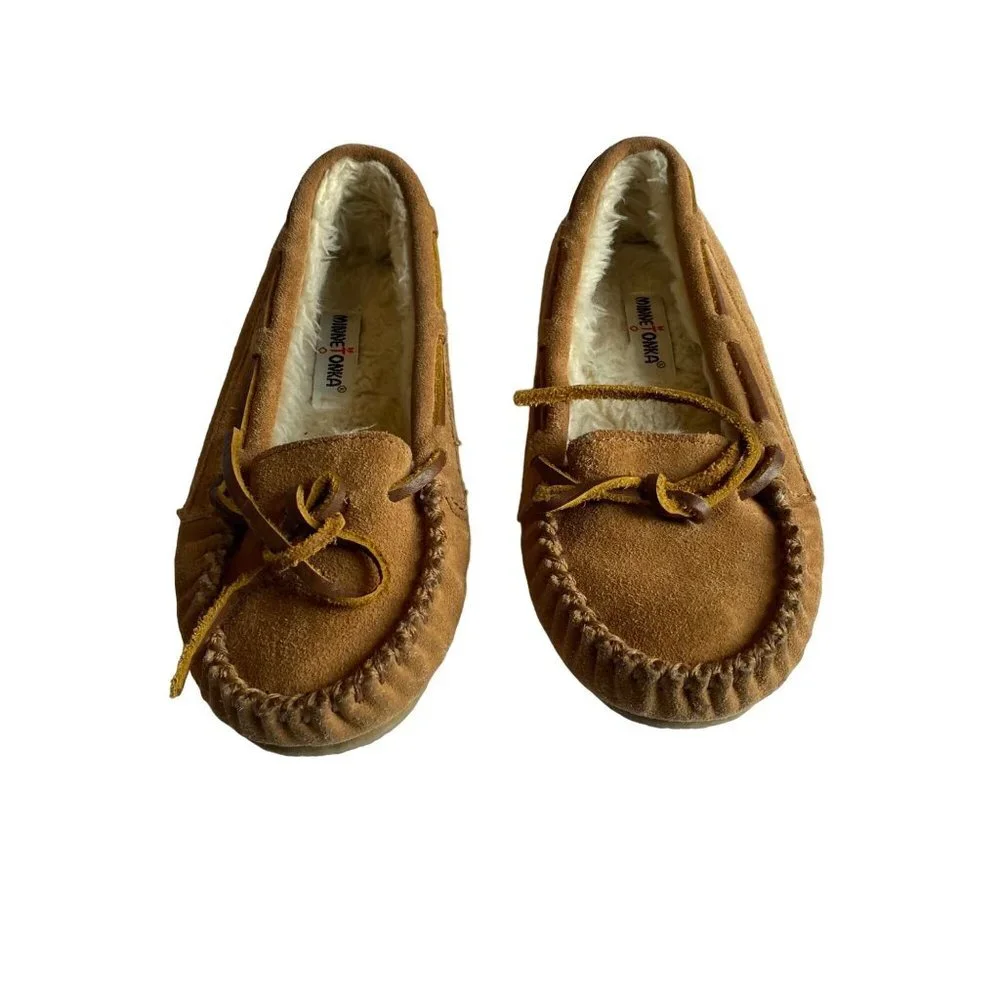 Minnetonka Unisex Kid Size 1 Brown Genuine Leather‎ Faux Fur Moccasins Loafers